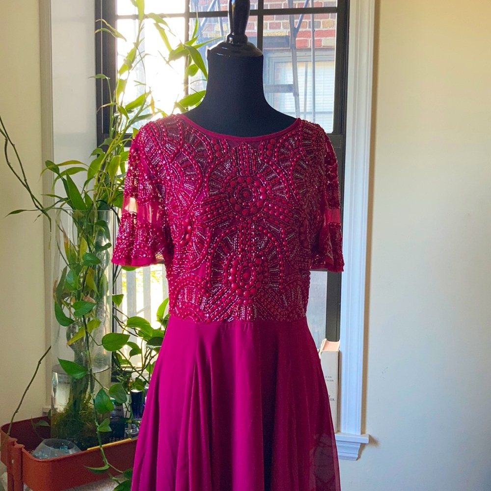 Lightly worn, Burgundy, Beaded, Sheer backed, Beauty. Sz 8, ASOS